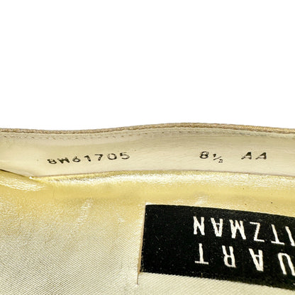Stuart Weitzman Gold Fabric Heels 8.5 AA Block Heel Evening Shoe Elegant Classic