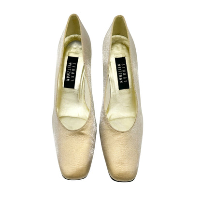 Stuart Weitzman Gold Fabric Heels 8.5 AA Block Heel Evening Shoe Elegant Classic