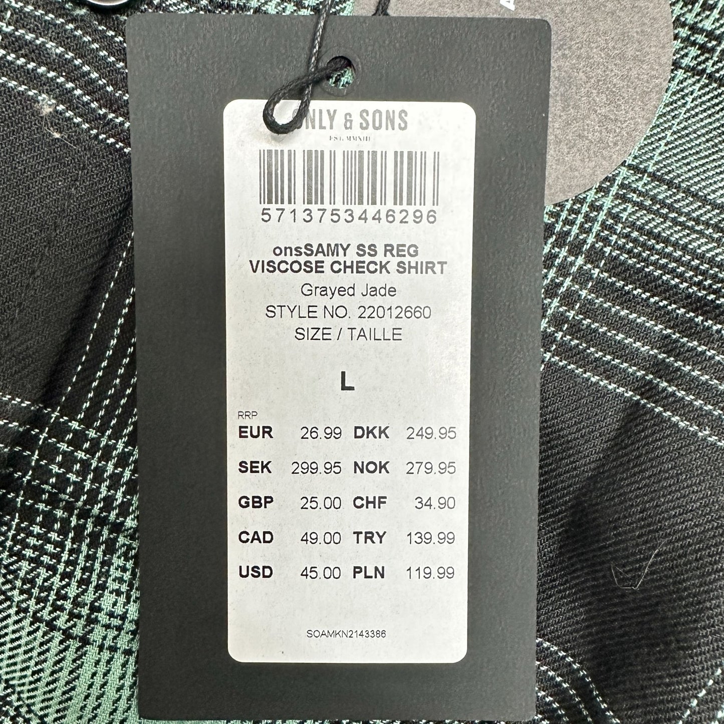 onsSAMY Reg Viscose Check Shirt Mens L Green Black Plaid Button Up Only & Sons