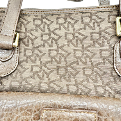 DKNY Monogrammed Tote Bag Brown Faux Leather Trim Gold Hardware 11x13x7