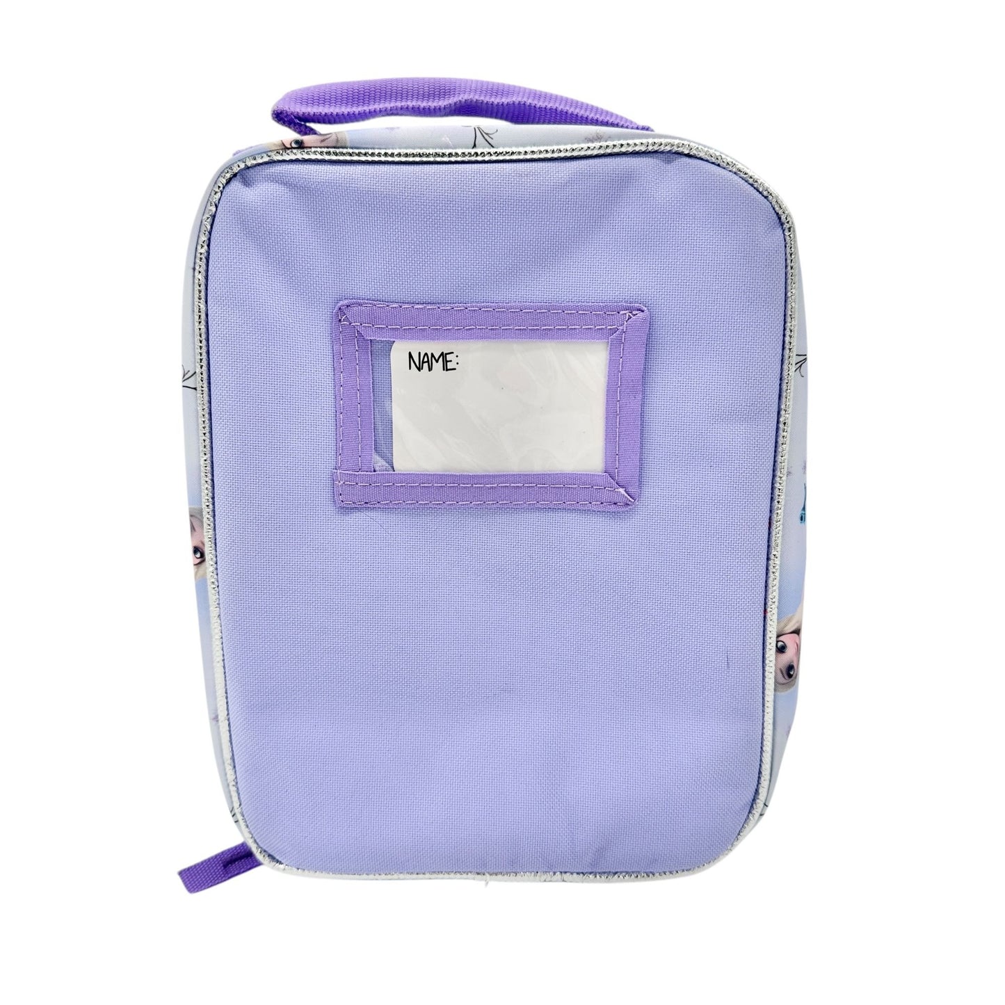 Disney Frozen Insulated Lunch Bag Anna Elsa Olaf Design 10x7x3 Purple Silver Zip