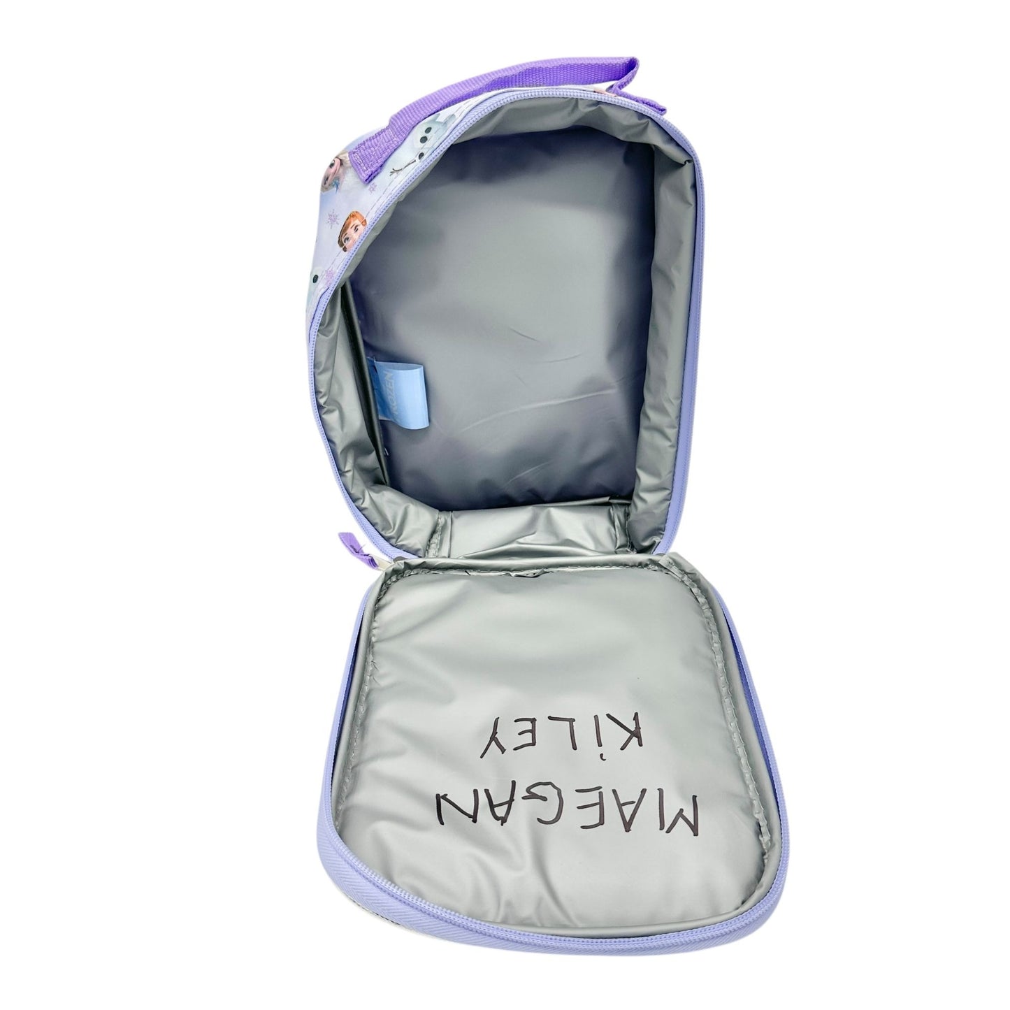 Disney Frozen Insulated Lunch Bag Anna Elsa Olaf Design 10x7x3 Purple Silver Zip