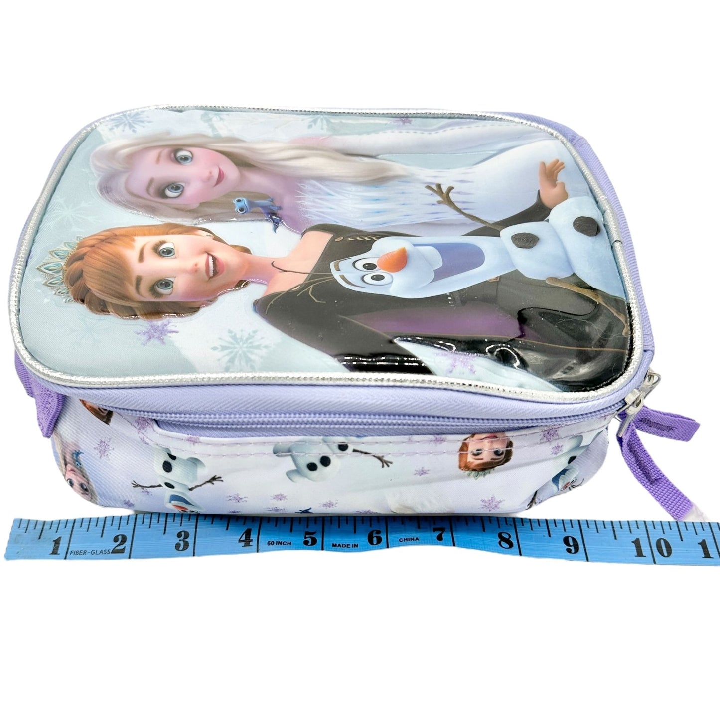 Disney Frozen Insulated Lunch Bag Anna Elsa Olaf Design 10x7x3 Purple Silver Zip