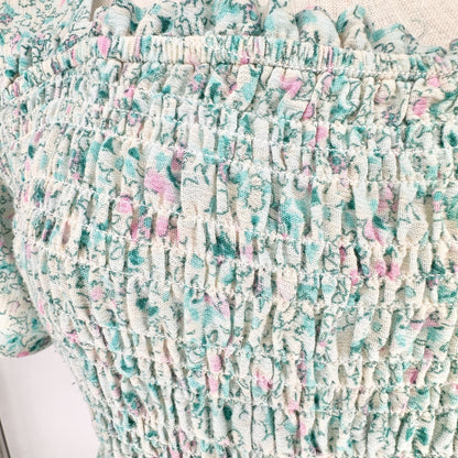 Torrid 2 Floral Smocked Babydoll Top Womens 18-20 Lt Blue Pink Beige SS Stretchy