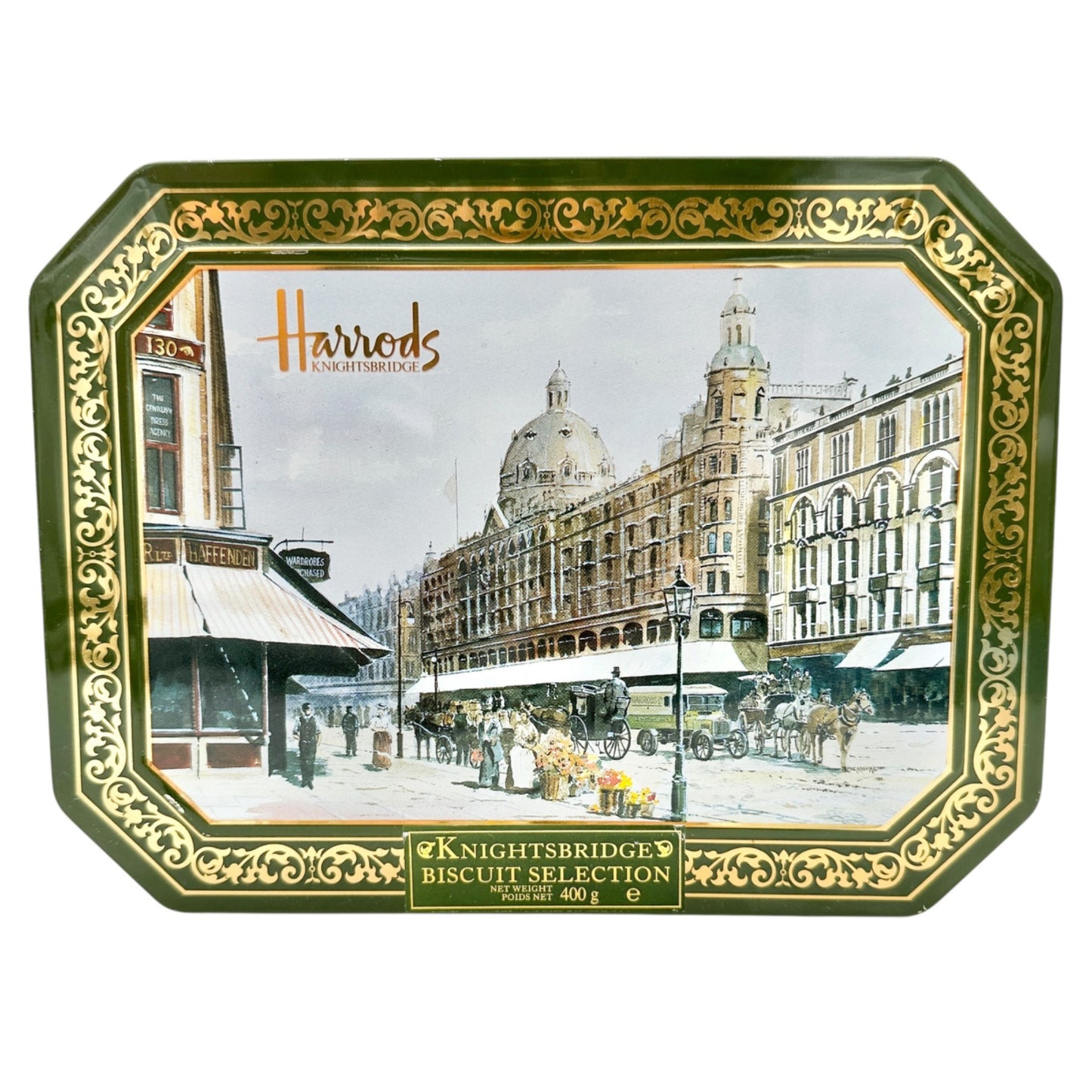 Vintage Harrods Knightsbridge Biscuit Tin Green Gold Traditional English Design