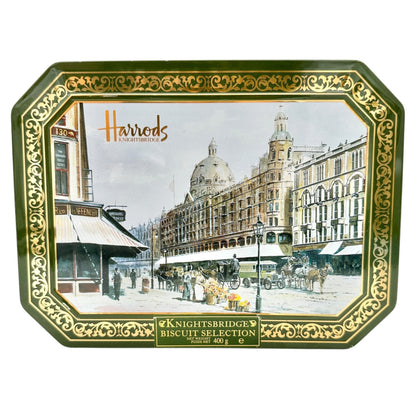 Vintage Harrods Knightsbridge Biscuit Tin Green Gold Traditional English Design