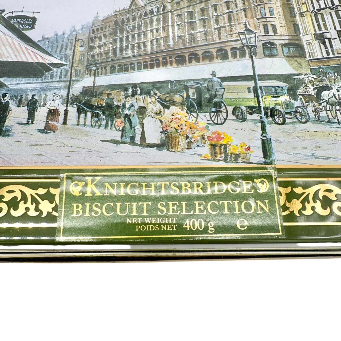 Vintage Harrods Knightsbridge Biscuit Tin Green Gold Traditional English Design