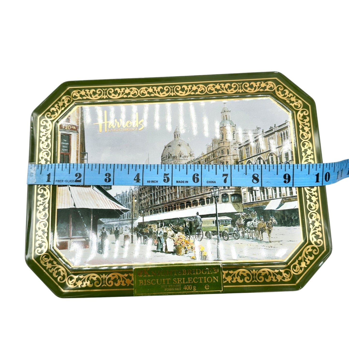 Vintage Harrods Knightsbridge Biscuit Tin Green Gold Traditional English Design