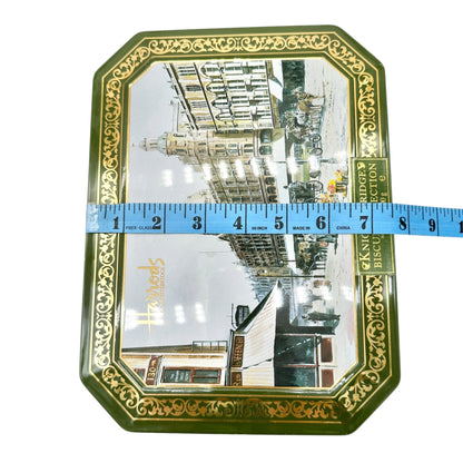 Vintage Harrods Knightsbridge Biscuit Tin Green Gold Traditional English Design