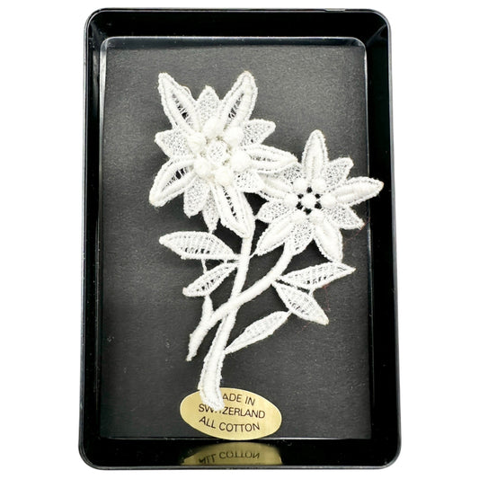 Swiss-Made Edelweiss Lace Brooch Pin All Cotton Floral Design 2 x 2.5 Inches