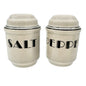 Vintage Art Deco Ceramic Salt and Pepper Shakers Gray w Black Stripes Lettering