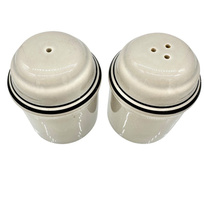 Vintage Art Deco Ceramic Salt and Pepper Shakers Gray w Black Stripes Lettering