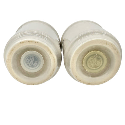 Vintage Art Deco Ceramic Salt and Pepper Shakers Gray w Black Stripes Lettering