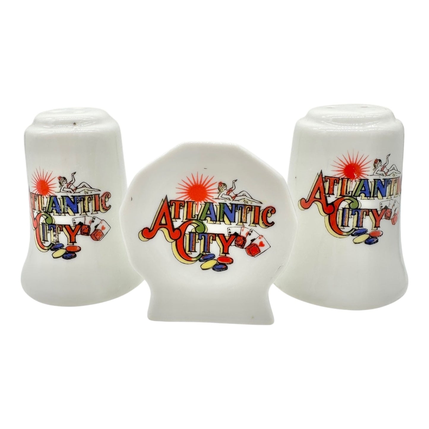 Atlantic City Souvenir 3pc Set Salt and Pepper Shakers Toothpick Holder Ceramic