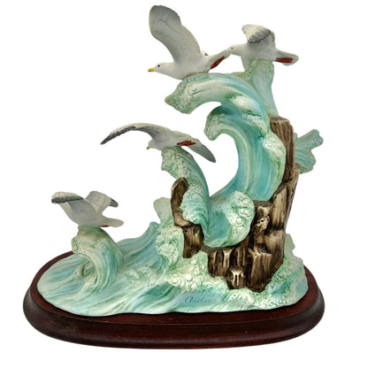 Sea Gulls In Flight Porcelain Sculpture By Andrea Sadek On Wood Base #6572