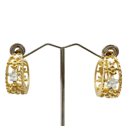 Vintage Gold-Tone Filigree Hoop Earrings With White Floral Accents 1 inch Dia