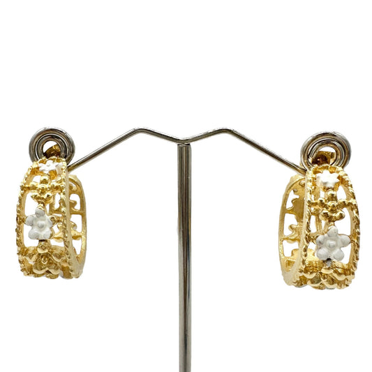 Vintage Gold-Tone Filigree Hoop Earrings With White Floral Accents 1 inch Dia