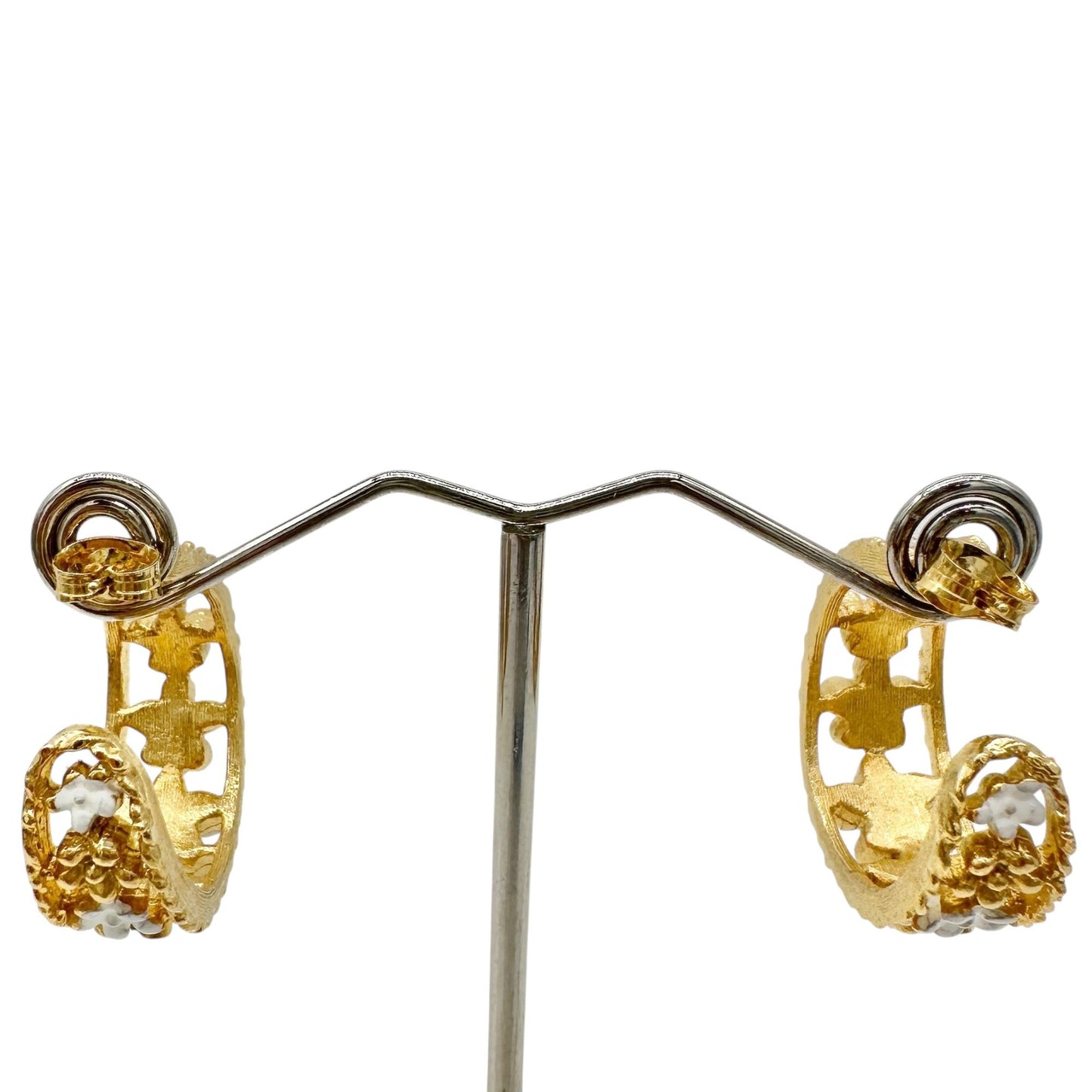Vintage Gold-Tone Filigree Hoop Earrings With White Floral Accents 1 inch Dia