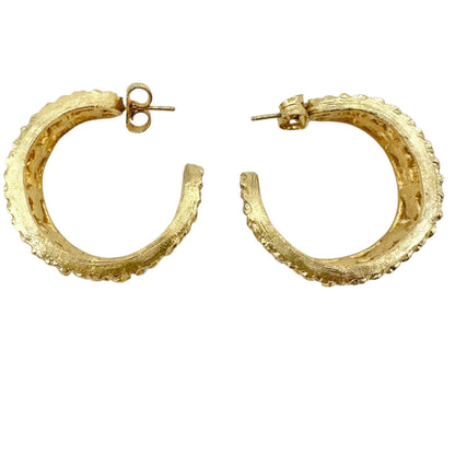 Vintage Gold-Tone Filigree Hoop Earrings With White Floral Accents 1 inch Dia