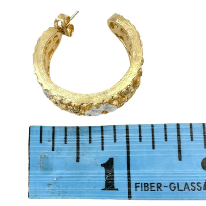 Vintage Gold-Tone Filigree Hoop Earrings With White Floral Accents 1 inch Dia