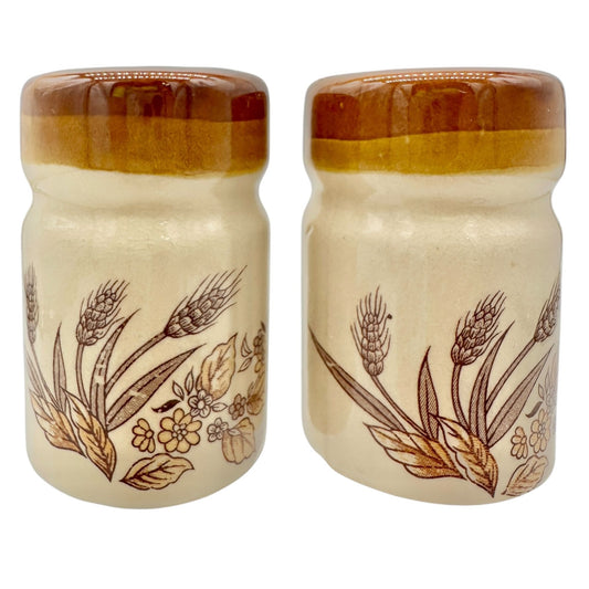 Vintage Ceramic Wheat Design Salt and Pepper Shakers Cork Stoppers Beige Brown
