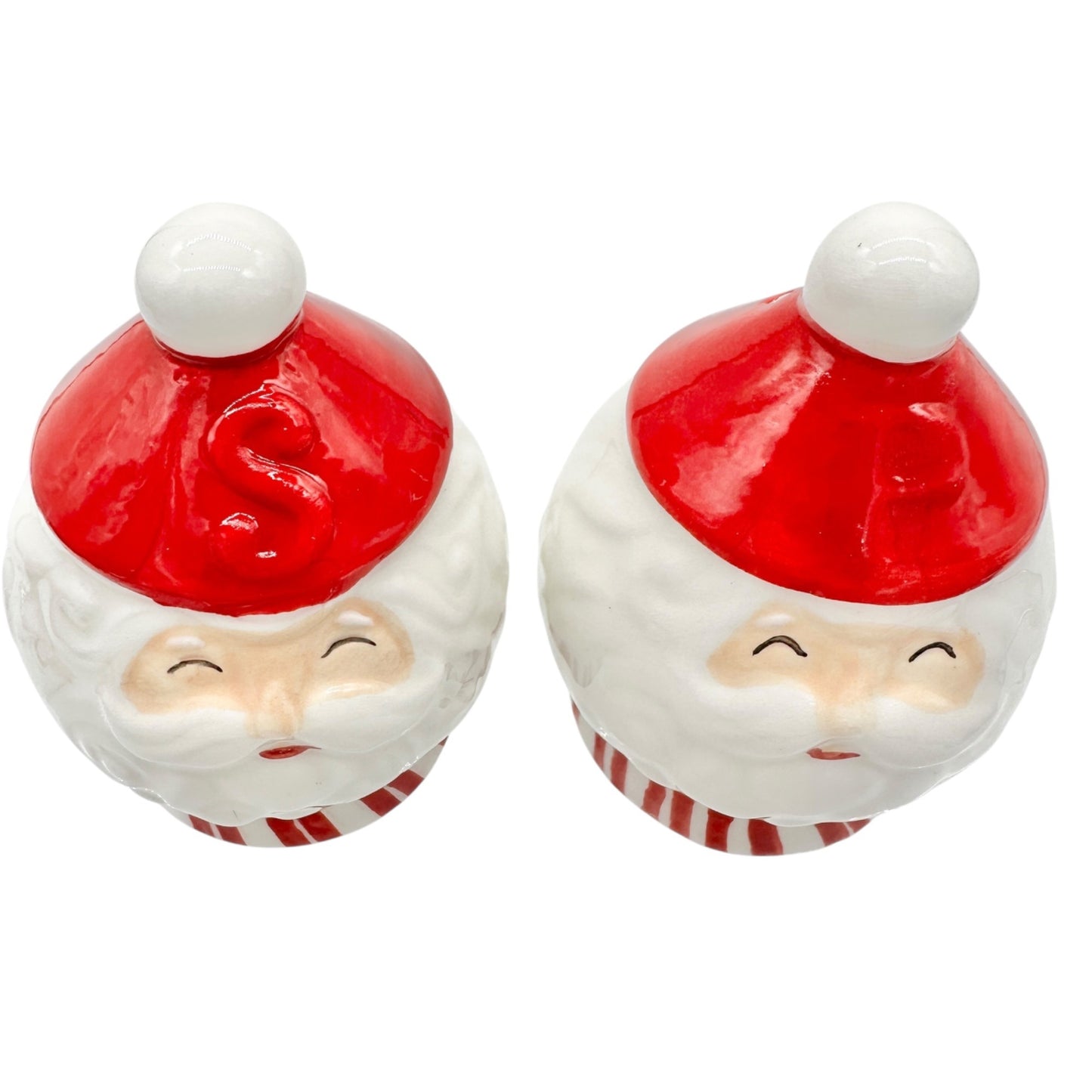 Joy Santa Face Ceramic Salt and Pepper Shaker Set Peppermint Christmas NIB
