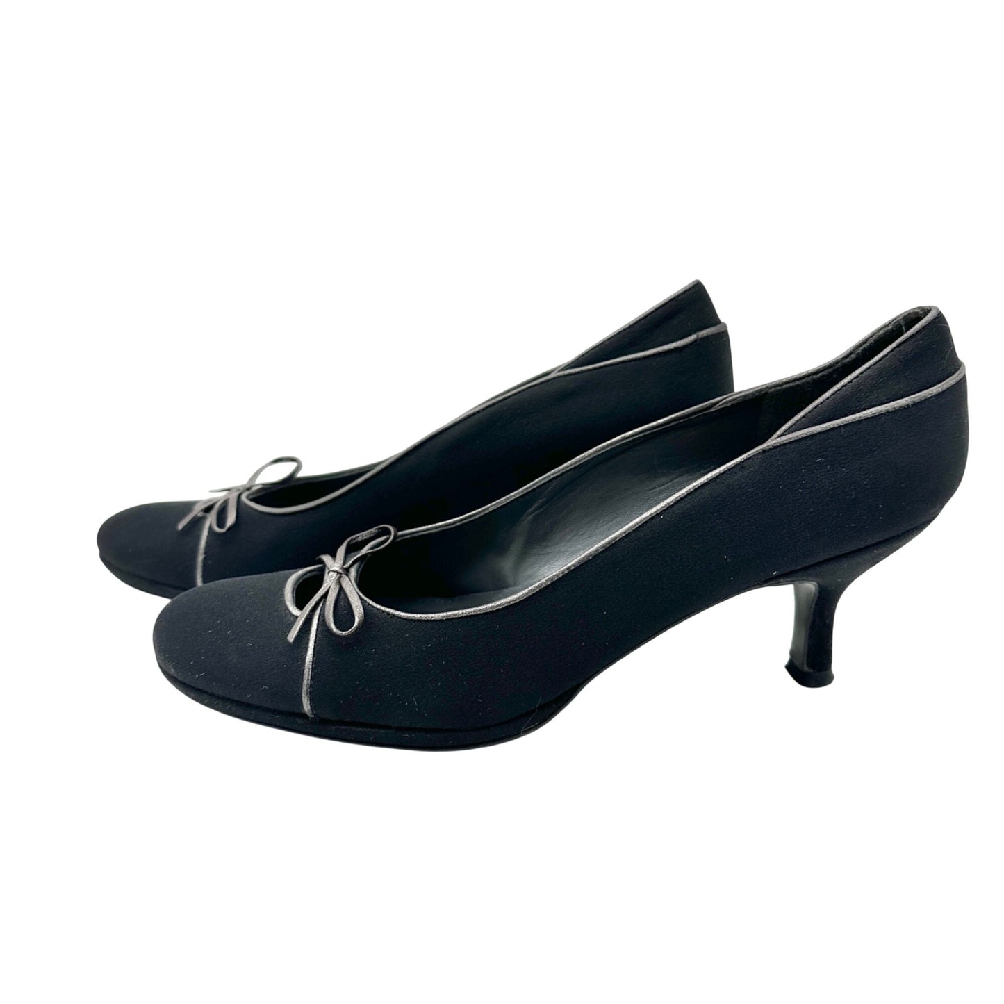 Stuart Weitzman Black Satin Kitten Heel Pumps Womens Size 8.5 N With Bow Accent