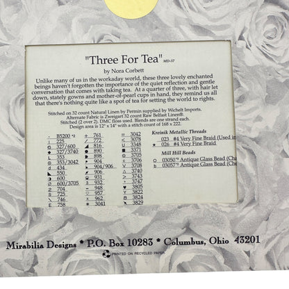 Mirabilia Designs THREE FOR TEA Cross Stitch Pattern  MD-37 By Nora Corbett