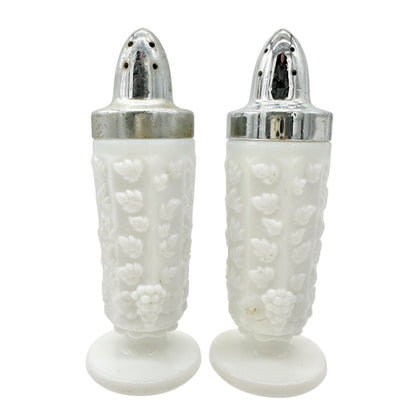 Vintage Milk Glass Salt and Pepper Shakers Grape Vine Design Chrome Lids Elegant