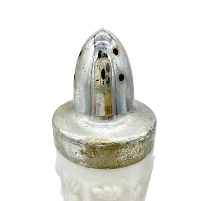 Vintage Milk Glass Salt and Pepper Shakers Grape Vine Design Chrome Lids Elegant
