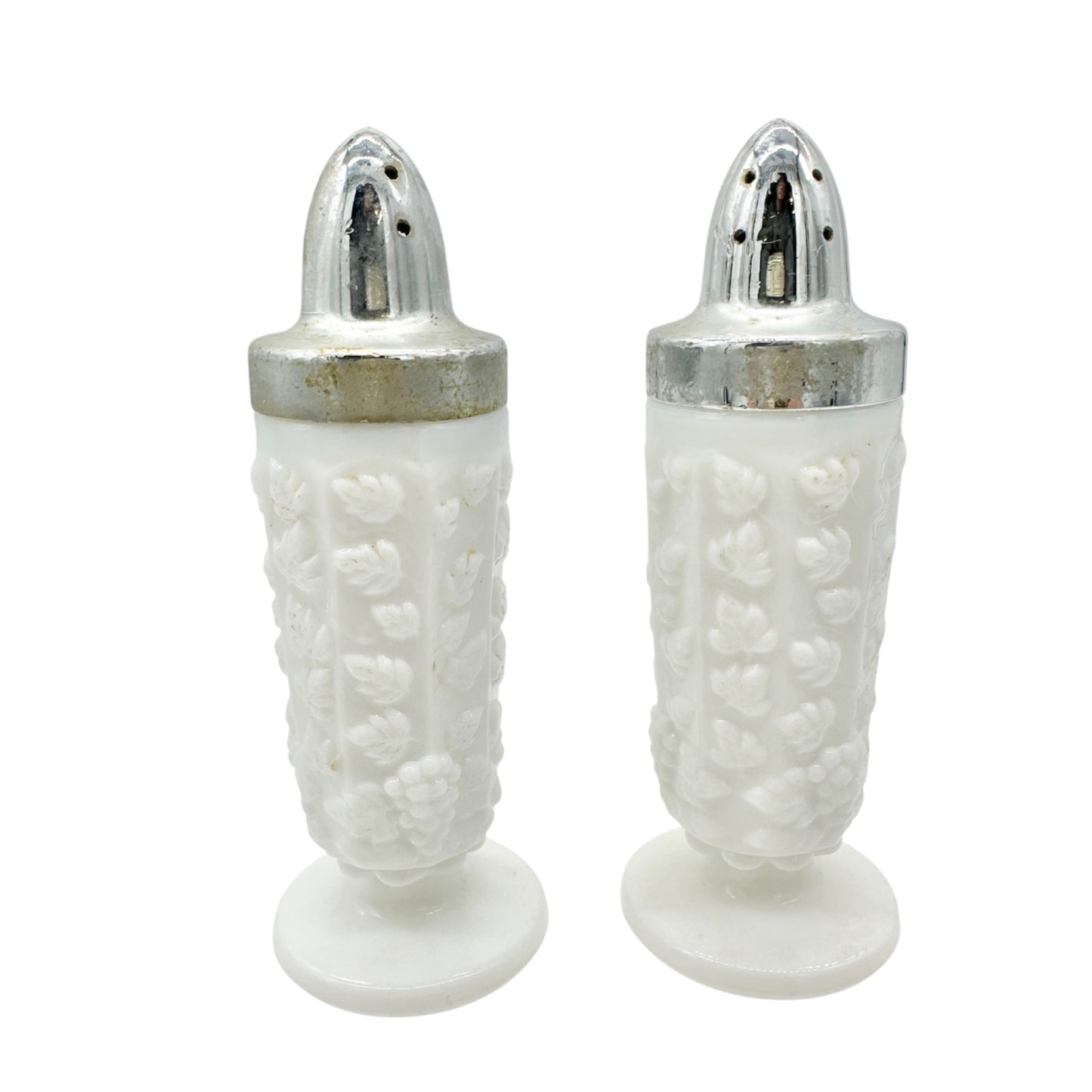 Vintage Milk Glass Salt and Pepper Shakers Grape Vine Design Chrome Lids Elegant