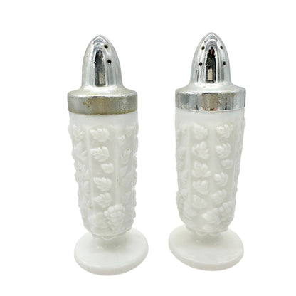 Vintage Milk Glass Salt and Pepper Shakers Grape Vine Design Chrome Lids Elegant