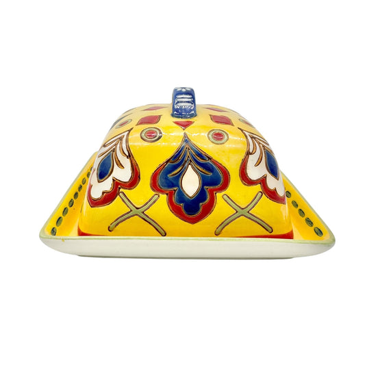 Dutch Wax Handpainted Ceramic Covered Butter Dish Square Yellow Colorful Vibrant