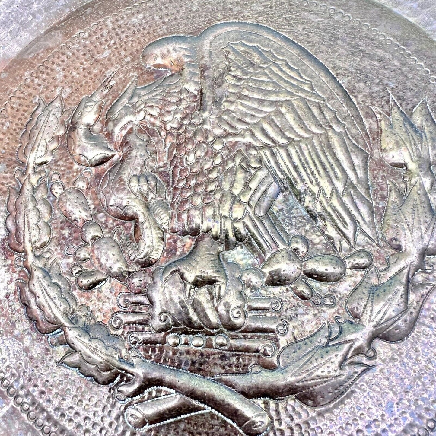 Vintage Copper Wall Plate With Raised Eagle and Serpent Design Hanging Ready 12"