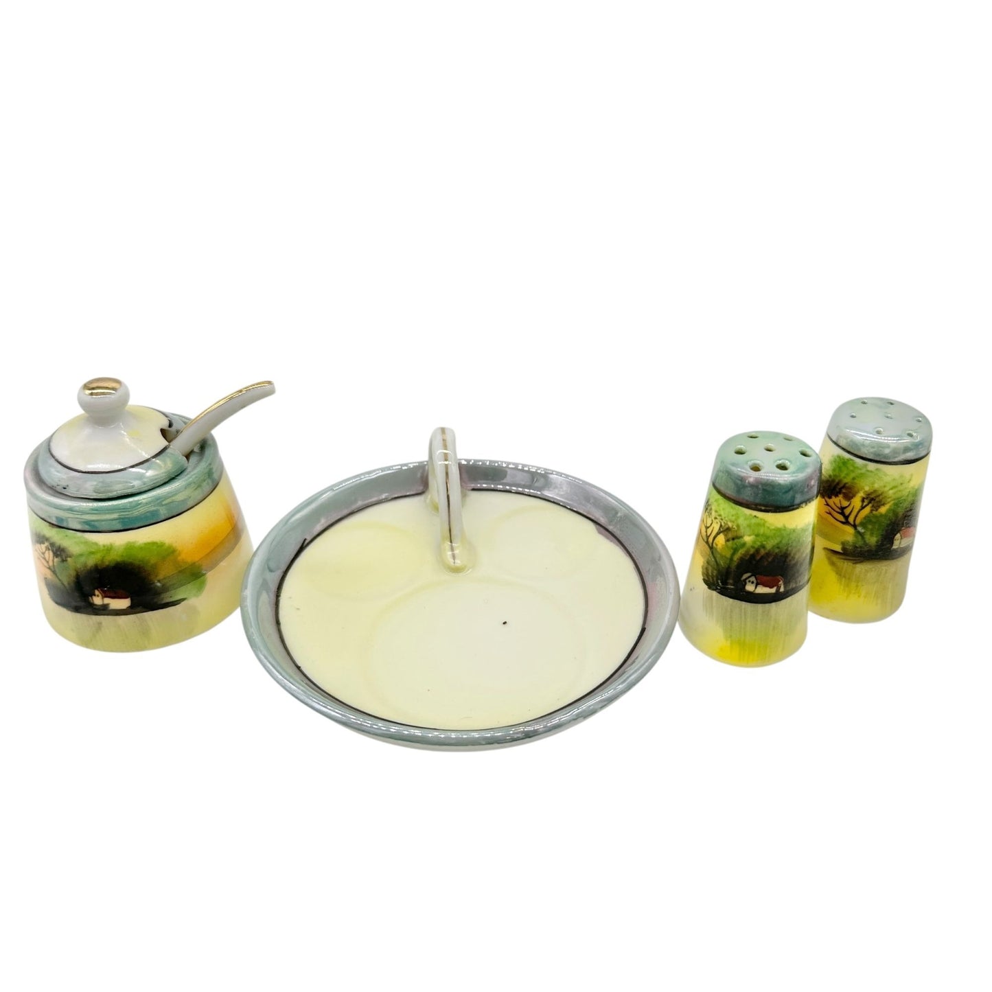 Japanese Condiment 6 pc Set Hand-Painted Tray Jar Spoon Salt Pepper Shakers