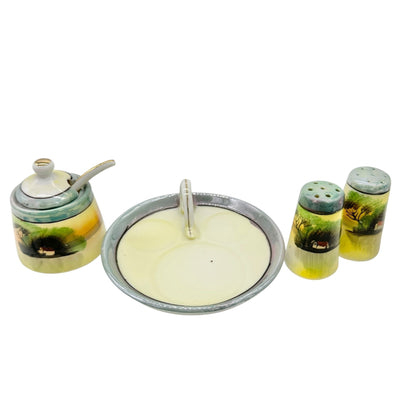 Japanese Condiment 6 pc Set Hand-Painted Tray Jar Spoon Salt Pepper Shakers