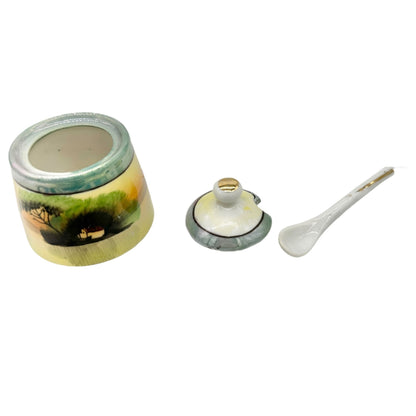 Japanese Condiment 6 pc Set Hand-Painted Tray Jar Spoon Salt Pepper Shakers
