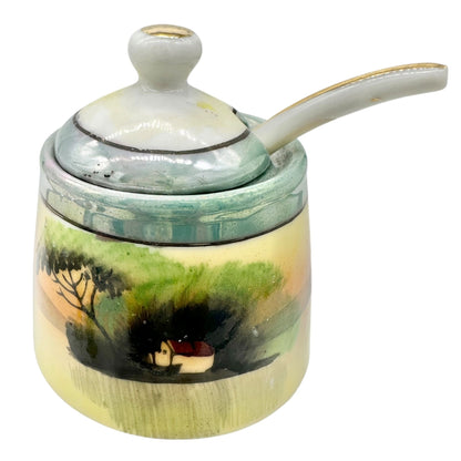 Japanese Condiment 6 pc Set Hand-Painted Tray Jar Spoon Salt Pepper Shakers