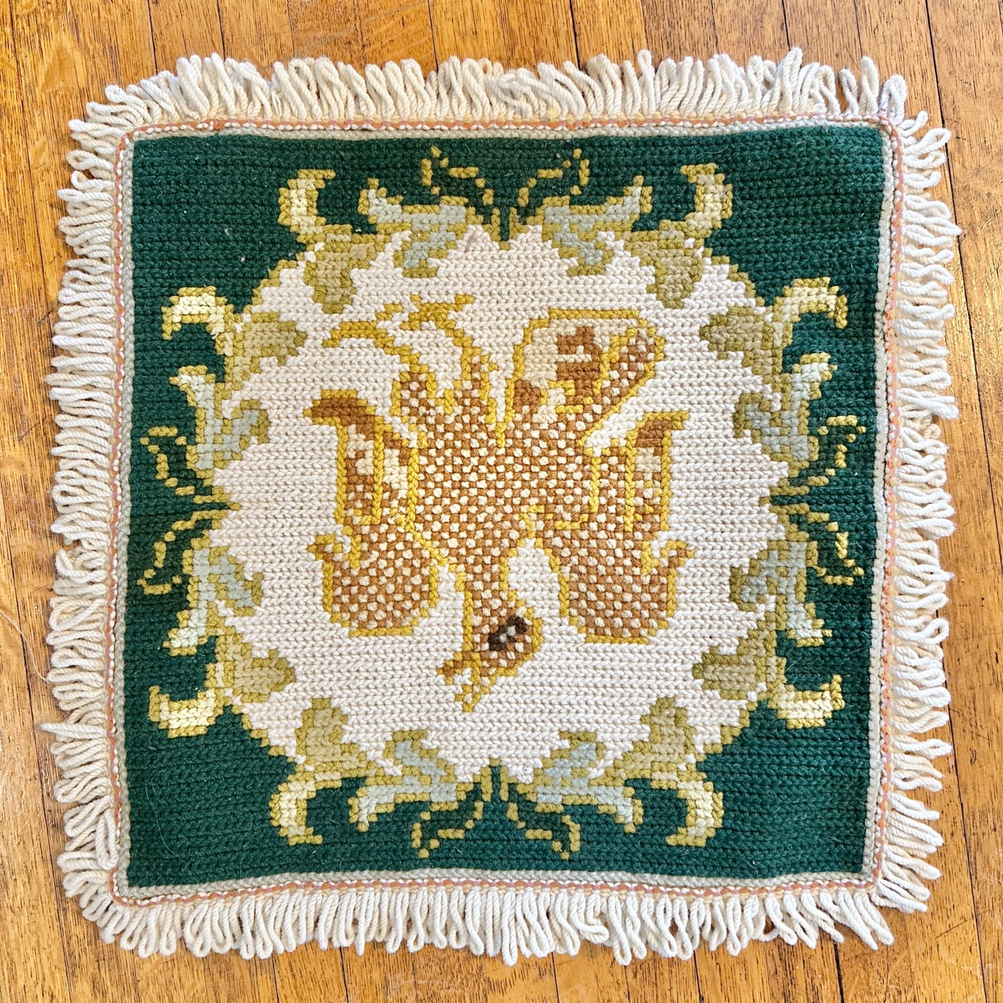 Handmade Portuguese Needlepoint Pillow Covers Set of 4 Wool Burlap Fringe 17x17