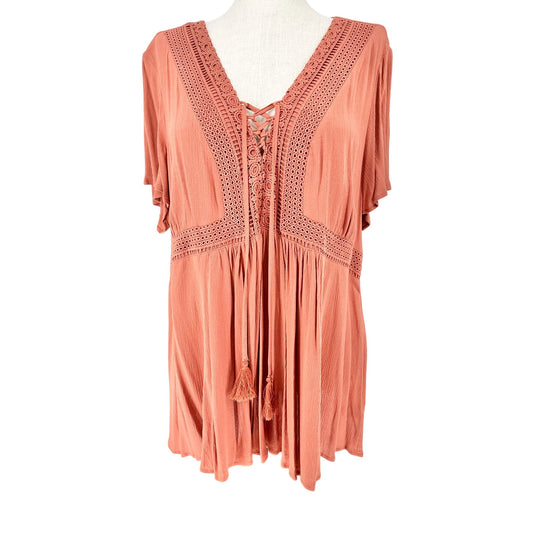Torrid 3 LaceUp Babydoll Top Womens 22-24 Auburn Crinkle Gauze Flowy Lightweight