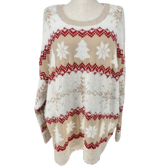 Holiday Time Sweater Womens 3X (24W-26W) Beige Red White Christmas Snowflake