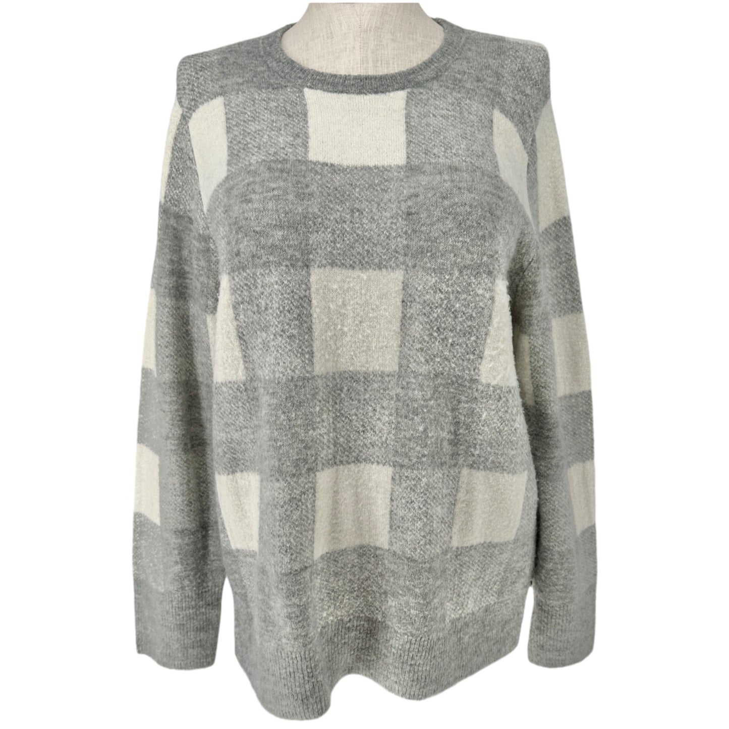 Old Navy Sweater Womens XL Gray White Plaid LS Super Soft Acrylic/Nylon Blend