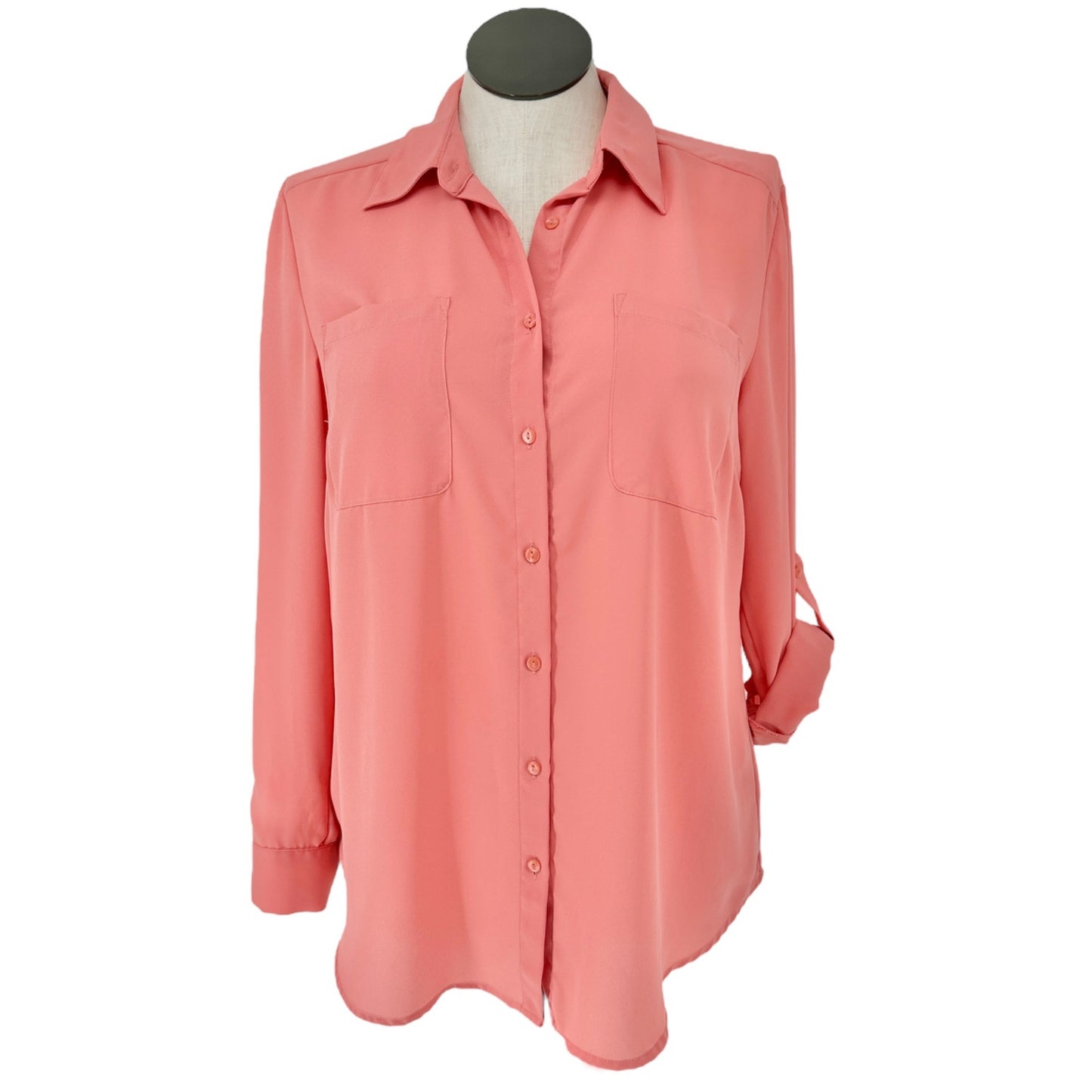 Womens Button Down Shirt Sz M Chest Pockets Long Roll Tab Sleeves by Style & Co