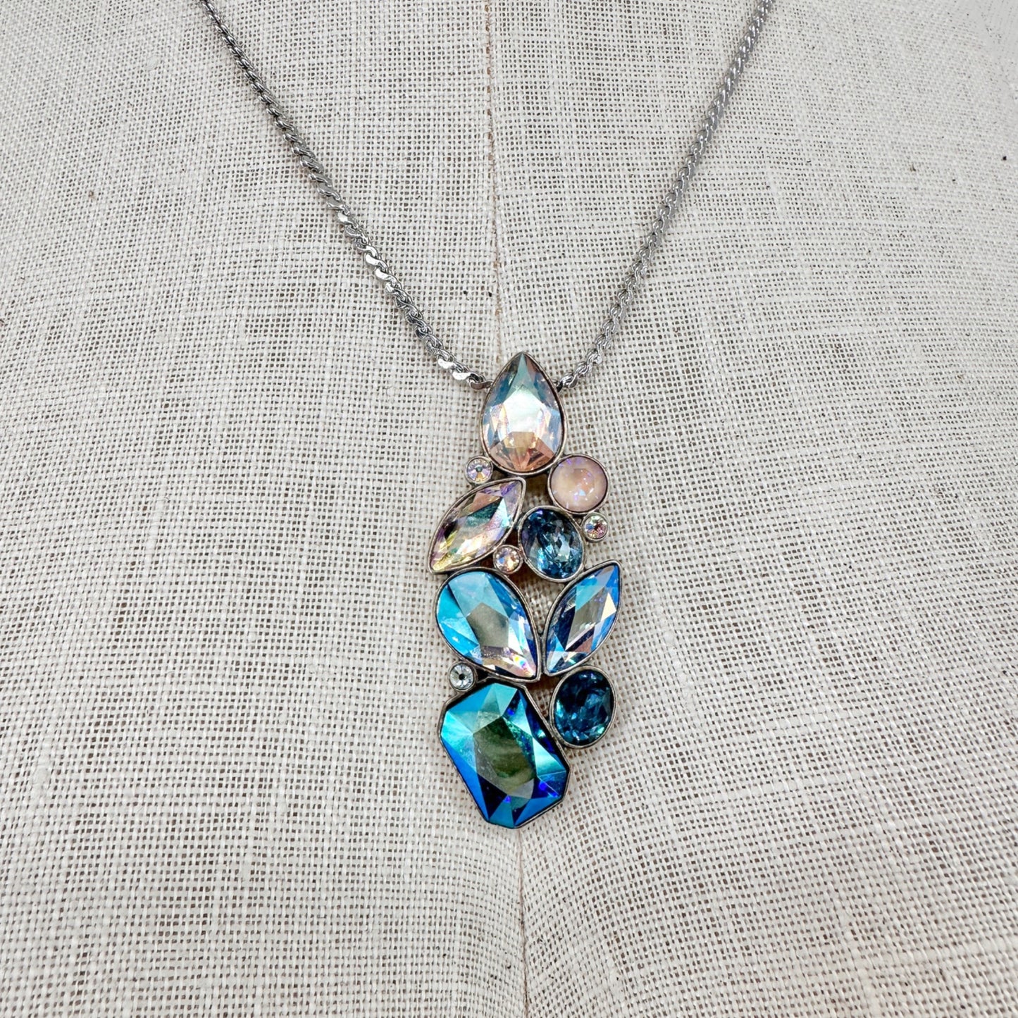 Touchstone Crystal Intrigue Pendant Necklace Silver Chain Iridescent Adj 23”L
