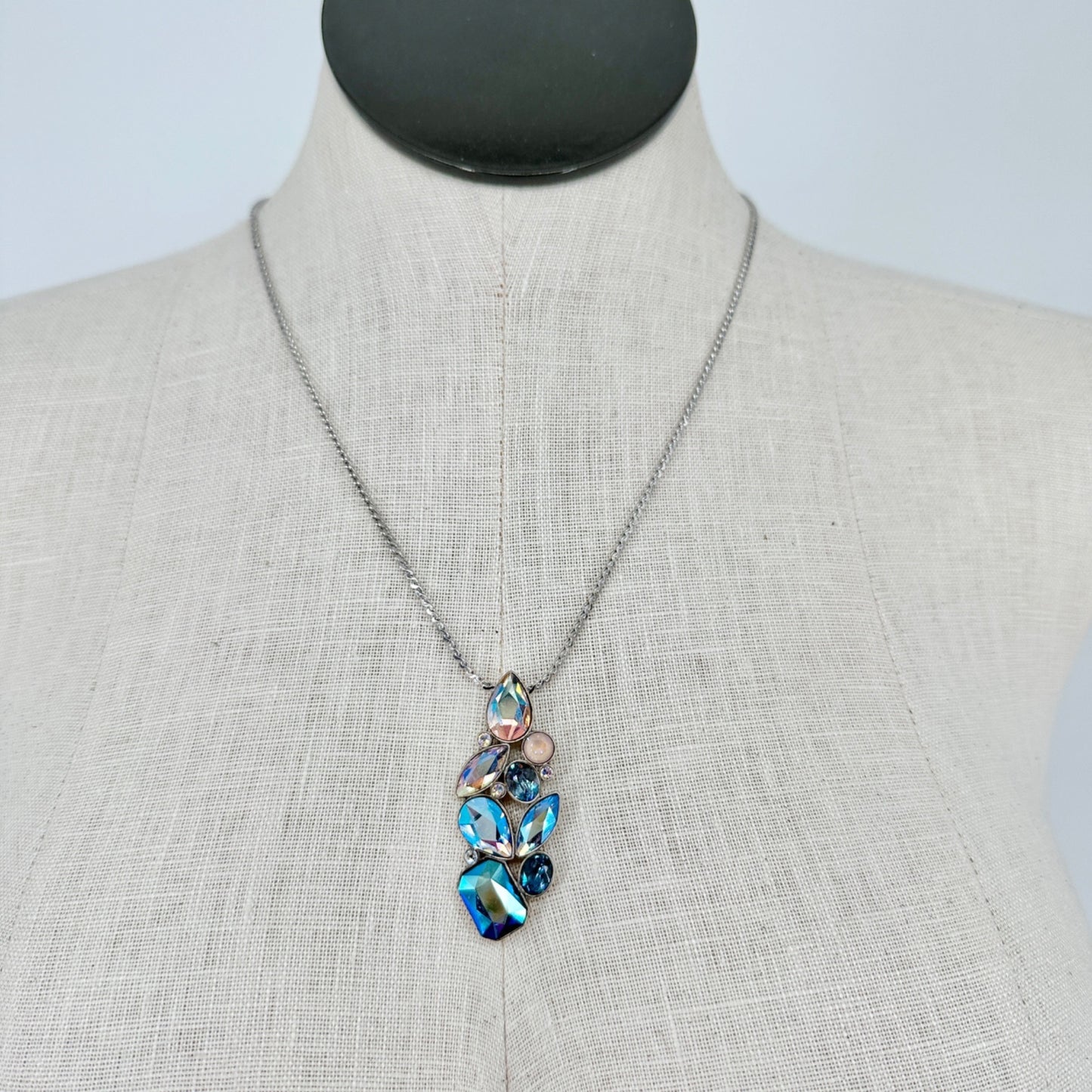 Touchstone Crystal Intrigue Pendant Necklace Silver Chain Iridescent Adj 23”L