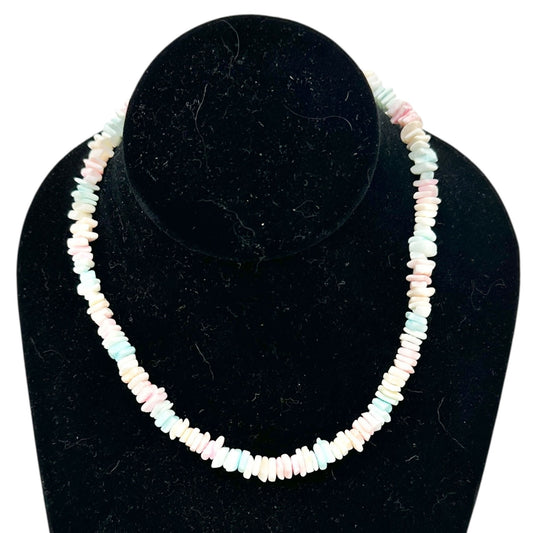 Vintage Puka Shell Necklace Goldtone Barrel Clasp 16 inch White Pastel Pink Blue