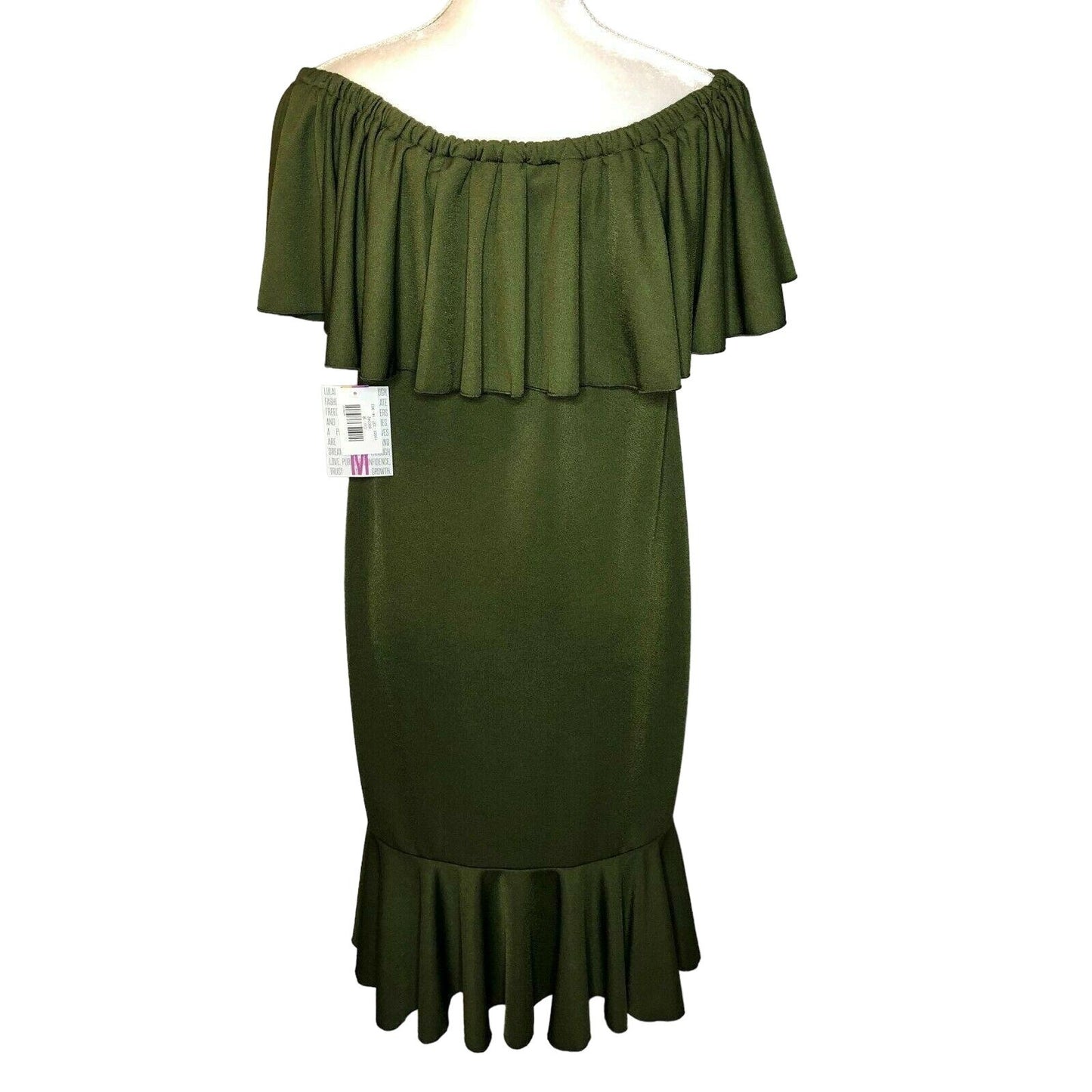 LuLaRoe Cici Women's Medium Dress Olive Green Ruffles Shimmery NWT retired