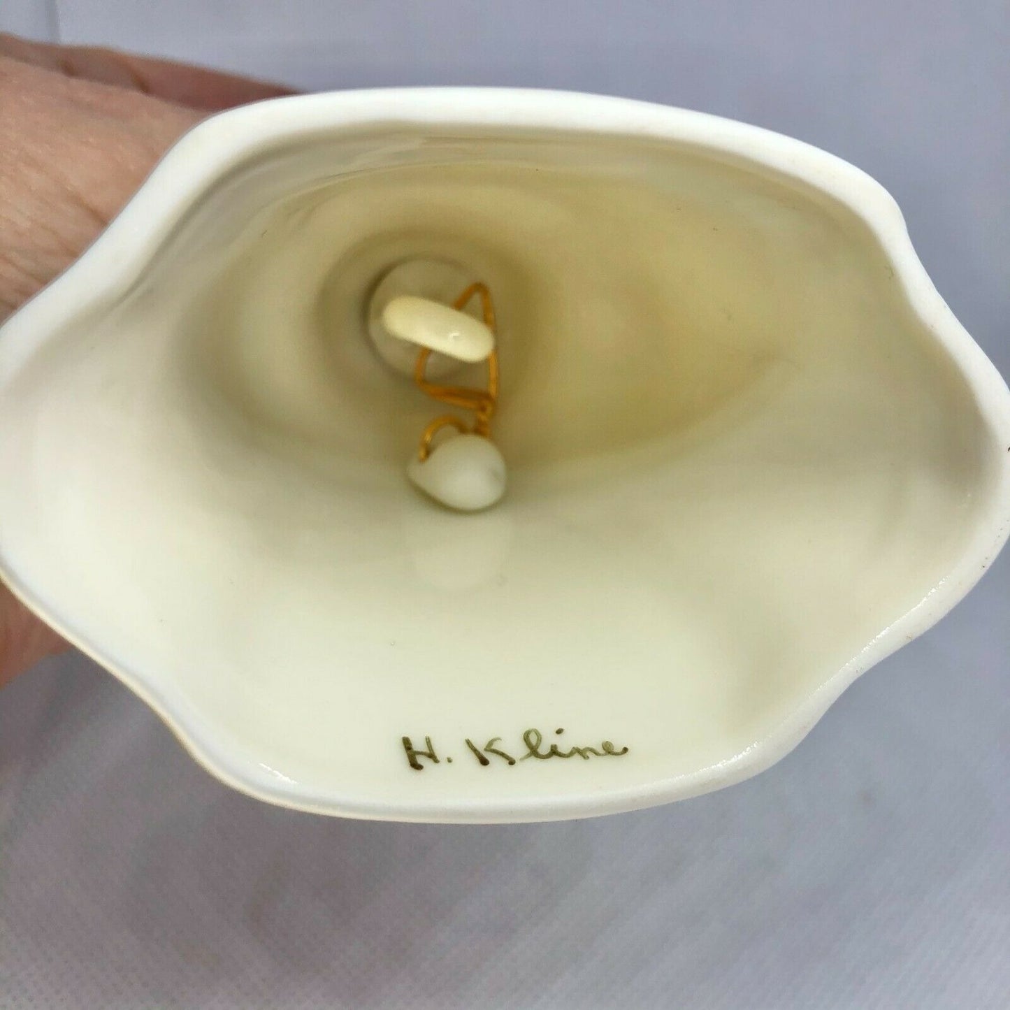 H Kline Porcelain Hand-Painted 5" Hand Bell Eggshell W Pink Rose Gold Accent EUC