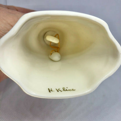 H Kline Porcelain Hand-Painted 5" Hand Bell Eggshell W Pink Rose Gold Accent EUC