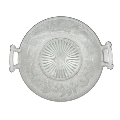 Serving Dish 9 inch Clear Glass Etched Flowers 2 Handles